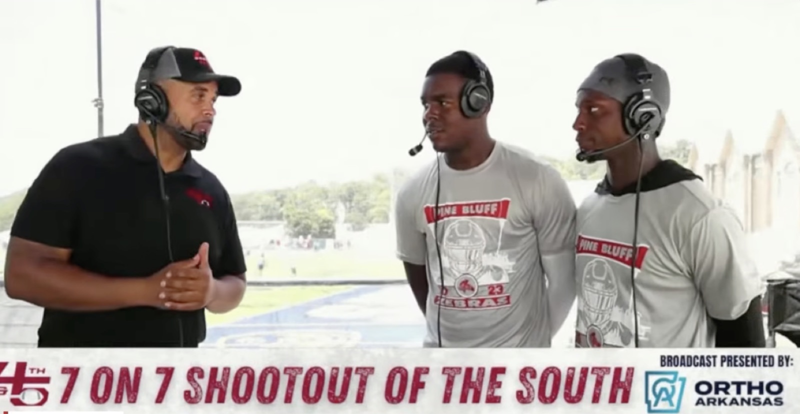 DJ interviewing high school players at the 7-on-7 Shootout of the South, presented by Ortho Arkansas